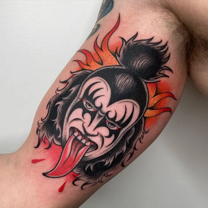 Tatuaggio giapponese: maschera hannya tra le fiamme, realizzato da Daniele Cassano